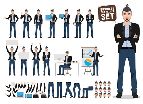 Male business character vector set. Artist or designer cartoon characters with different pose and holding white board for presentation. Vector illustration.