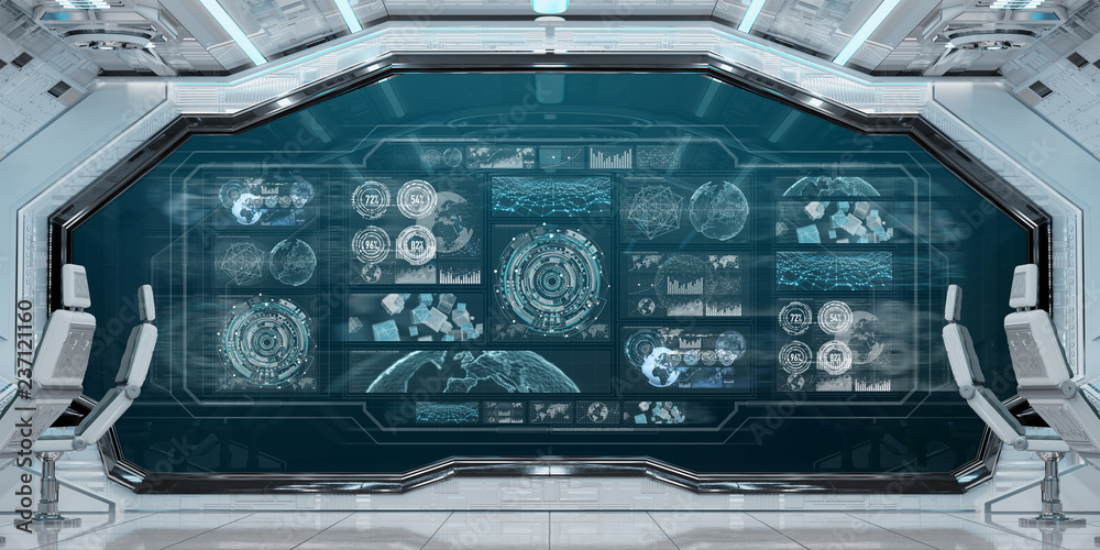 Canvas Prints white spaceship interior with control panel digital screens 3d rendering