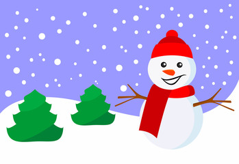 Snowman and new year's winter landscape. Animation. Vector illustration.