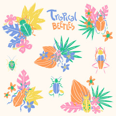 Fototapeta na wymiar Vector doodle set with big decorative tropic bugs and tropis flo