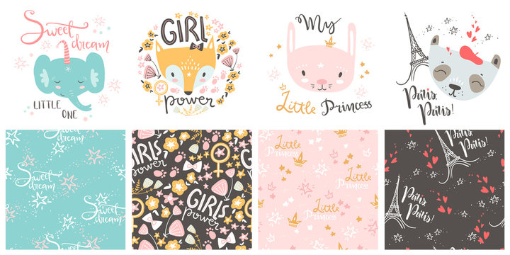 Cute baby animals and seamless patterns. Hand drawn vector illus