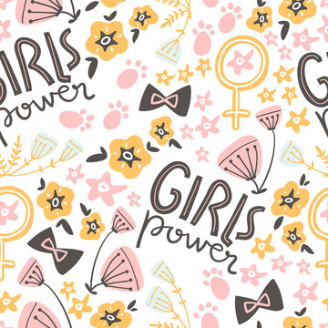Vector doodle seamless pattern with concept lettering and flower
