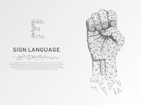 Origami Sign language E letter, hand that use the visual-manual modality to convey meaning. Polygonal space low poly style. People silent communication. Connection wireframe Vector on white background