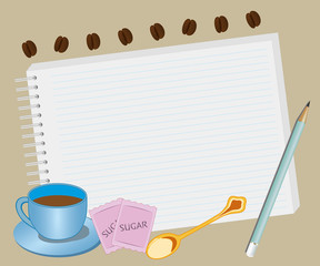 Note pad plus pencil with cup of coffee sugar and spoon plus coffee beans