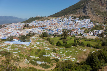 Fototapeta na wymiar Panorama of Chefchaouen from the hill of Jemaa Bouzafar Mosque, Morocco