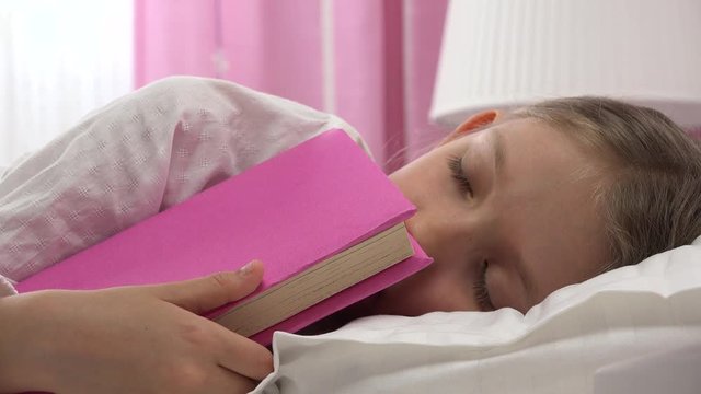 Child Sleeping after Reading Book, Kid Fall Asleep in Her Bed, Girl at Home