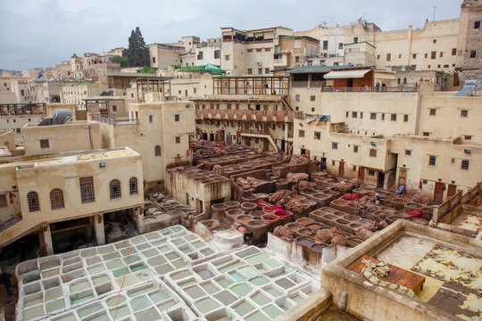 Tanneries of Fes Old tanks with color paint for leather. Morocco Africa