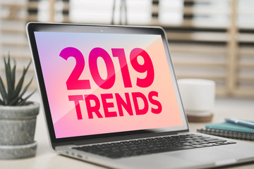 2019 Trends on screen laptop computer, Digital marketing, Business and technology concept.