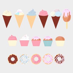 set of colorful delicious cupcakes, cakes, desserts, ice cream and donuts. Cupcake icons, flat style. Vector. elements for new year, holiday cards, birthday cards