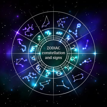 Zodiac circle with astrology symbols in neon style. Geometric representation of star signs for astrology horoscope. Zodiac calendar on universe background. Astrology constellation vector illustration