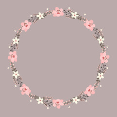 Floral greeting card and invitation template for wedding or birthday anniversary, Vector circle shape of text box label and frame, Pink flowers wreath ivy style with branch and leaves.