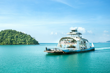 Ferry goes by sea. Ferry on island of Koh Chang, Thailand.