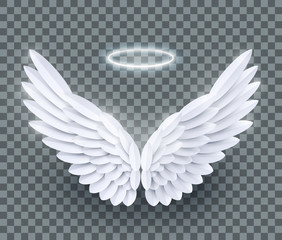 Vector 3d white realistic layered paper cut angel wings isolated on transparent background