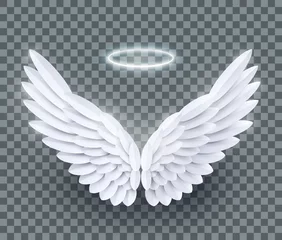 Fotobehang Vector 3d white realistic layered paper cut angel wings isolated on transparent background © Oksana Kumer