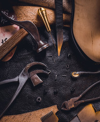 Old Leather Equipment With Vinatge Wood Tools