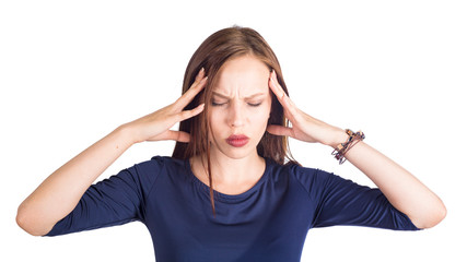 Portrait of good looking young woman isolated on white background suffering from severe headache, pressing fingers to temples, closing eyes in order to relieve pain with helpless face expression.