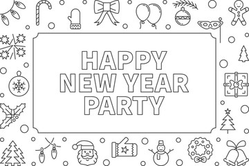 Happy New Year Party outline horizontal frame. Vector Christmas and New Year concept minimal background