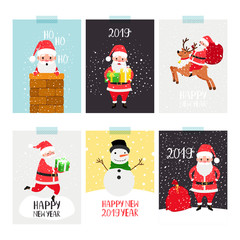 Fototapeta premium Santa posters set. Christmas winter flyer set with santa and gifts, xmas deer and snowman in modern scandinavian flat cartoon design