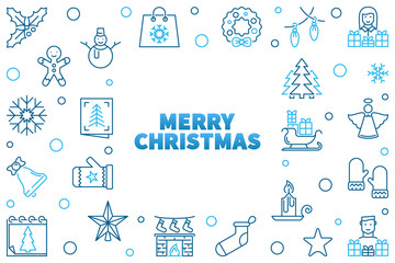 Fototapeta na wymiar Vector Merry Christmas concept illustration. Xmas horizontal blue modern outline frame