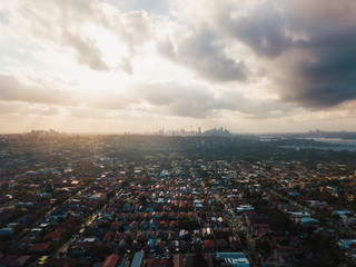 Sunset aerial view of Sydney skyline.