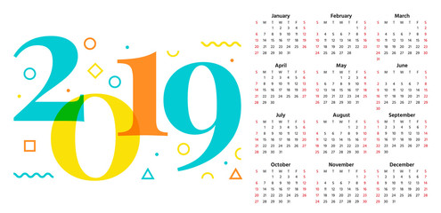2019 Calendar. Vector. Stationery 2019 year horizontal pocket template. Week starts Sunday in minimal simple style. Yearly calendar organizer. Landscape orientation, english. Colorful illustration.
