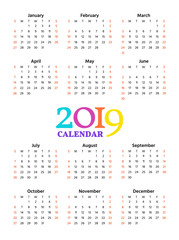 2019 Calendar. Vector. Week starts Sunday in minimal simple style. Stationery 2019 year vertical pocket template. Yearly calendar organizer. Portrait orientation, english. Colorful illustration.
