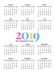 2019 Calendar. Vector. Stationery 2019 year vertical pocket template. Week starts Sunday in minimal simple style. Yearly calendar organizer, english. Portrait orientation. Colorful illustration.