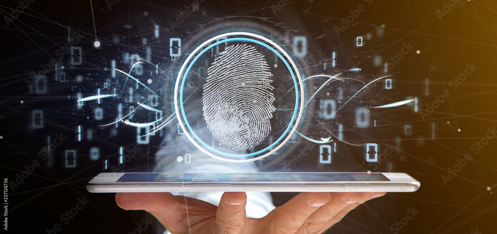 Poster businessman holding a digital fingerprint identification and binary code 3d rendering
