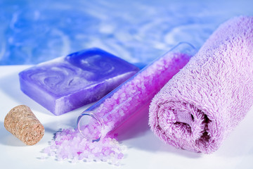 Bath tub. Lavender salt for bath and soap.