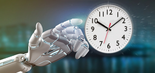 Cyborg hand holding a Clock timer 3d rendering