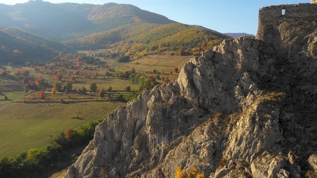 Aerial 4k drone view of medieval Coltesti fortress in Transylvania, Romania