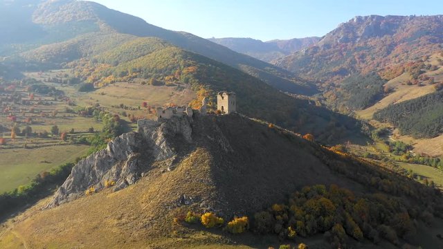 Aerial 4k drone view of medieval Coltesti fortress in Transylvania, Romania
