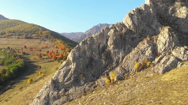 Aerial 4k drone view of medieval Coltesti fortress in Transylvania, Romania