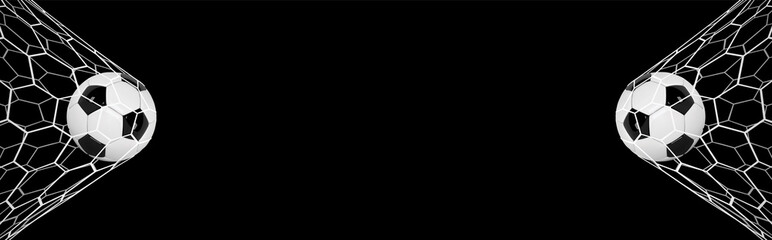 Soccer or Football Banner With 3d Ball on black background. Soccer game match goal moment with ball in the net