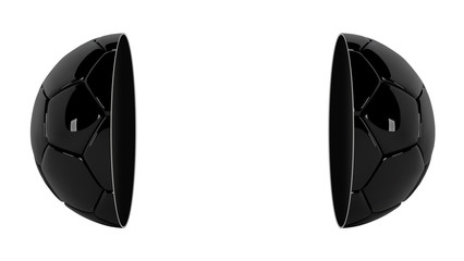 Black  soccer or football ball isolated on white background. Football White Banner With 3d Ball divided into two parts. Soccer game match. Half football ball design with place for text