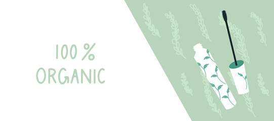 Mascara horizontal design template of brochures, booklets, posters, banners about organic cosmetics, organic shop. Vector illustration.