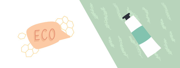 Eco hand cream illustration. Horizontal template design of brochures, booklets, posters, banners about organic cosmetics, organic shop. Linear decor with floral patterns. Facebook cover