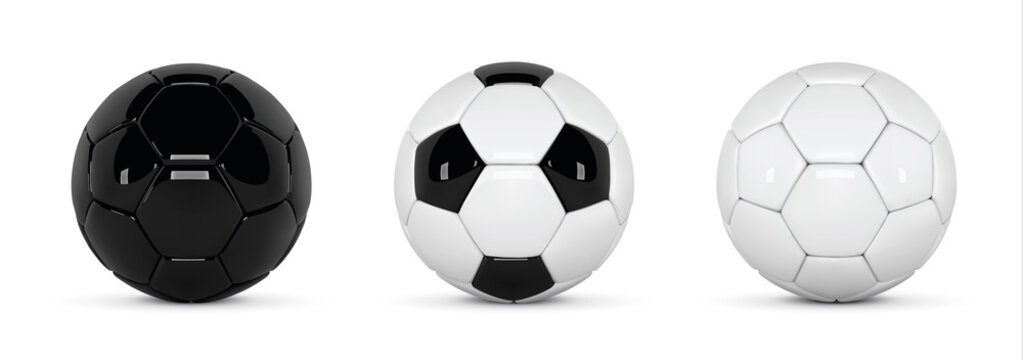 Set of realistic soccer balls or football ball on white background. 3d Style  Ball. Soccer black and white balls