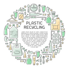 Plastic garbage info placard with sample text. Contour and fill style vector illustration