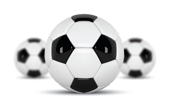 Realistic soccer balls or football ball on white background. Set of three 3d Style  Ball isolated on white background. Football design with blurred balls