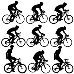 Set silhouette of a cyclist male on white background