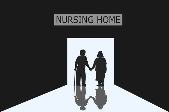 Old Men And Women Who Are Couples Are Entering The Door Of The Nursing Home With Light ,black And White Picture