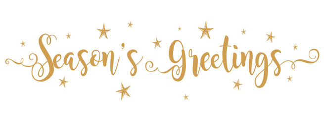 Season's Greetings brush calligraphy vector banner golden stars color