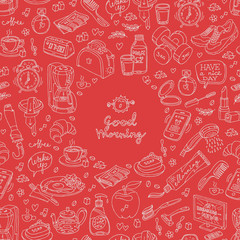  Handmade draw sketch vector seamless pattern of morning and breakfast icon with red background.