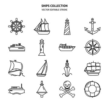 Sea collection of ship and nautical icons in line style