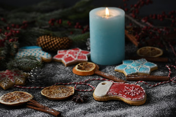 Flat lay with bright christmas decoration. New year celebration and christmas concept

