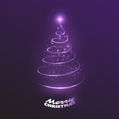 Merry Christmas, Happy Holidays Card - Dark Christmas Tree Shape Made from Bright Spiralling Light 