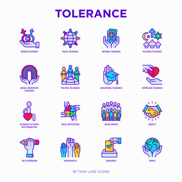 Tolerance thin line icons set: gender, racial, national, religious, sexual orientation, educational, interclass, for disability, respect, self-expression, human rights, democracy. Vector illustration.