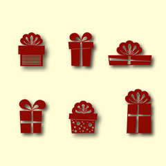 Set of gift box icons. Background for winter and christmas theme. Paper cut design. Vector illustration