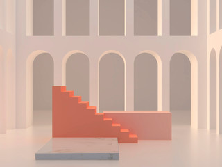 Minimal Scene with arches and empty marble podium. Scene with geometrical forms, pastel pink arches, minimal background, marble platform and cream stairs with and other pink podium. 3D render